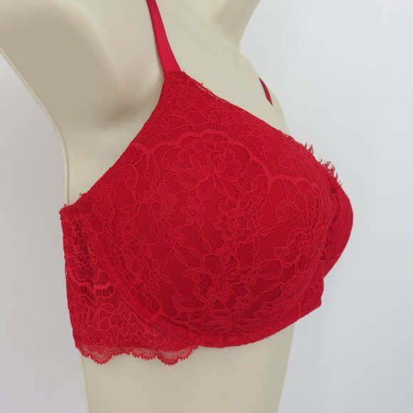 Victorias Secret 36D Dream Angels Padded No Wire Bra Red Lace Bow Wireless Sexy - Picture 2 of 15